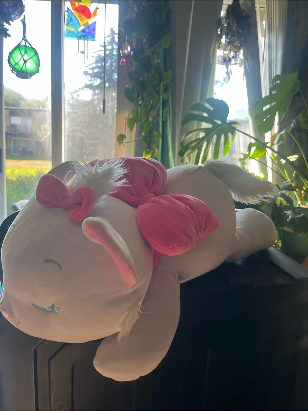 Disney Large Pink and White Sleeping Cat Plush with Bow